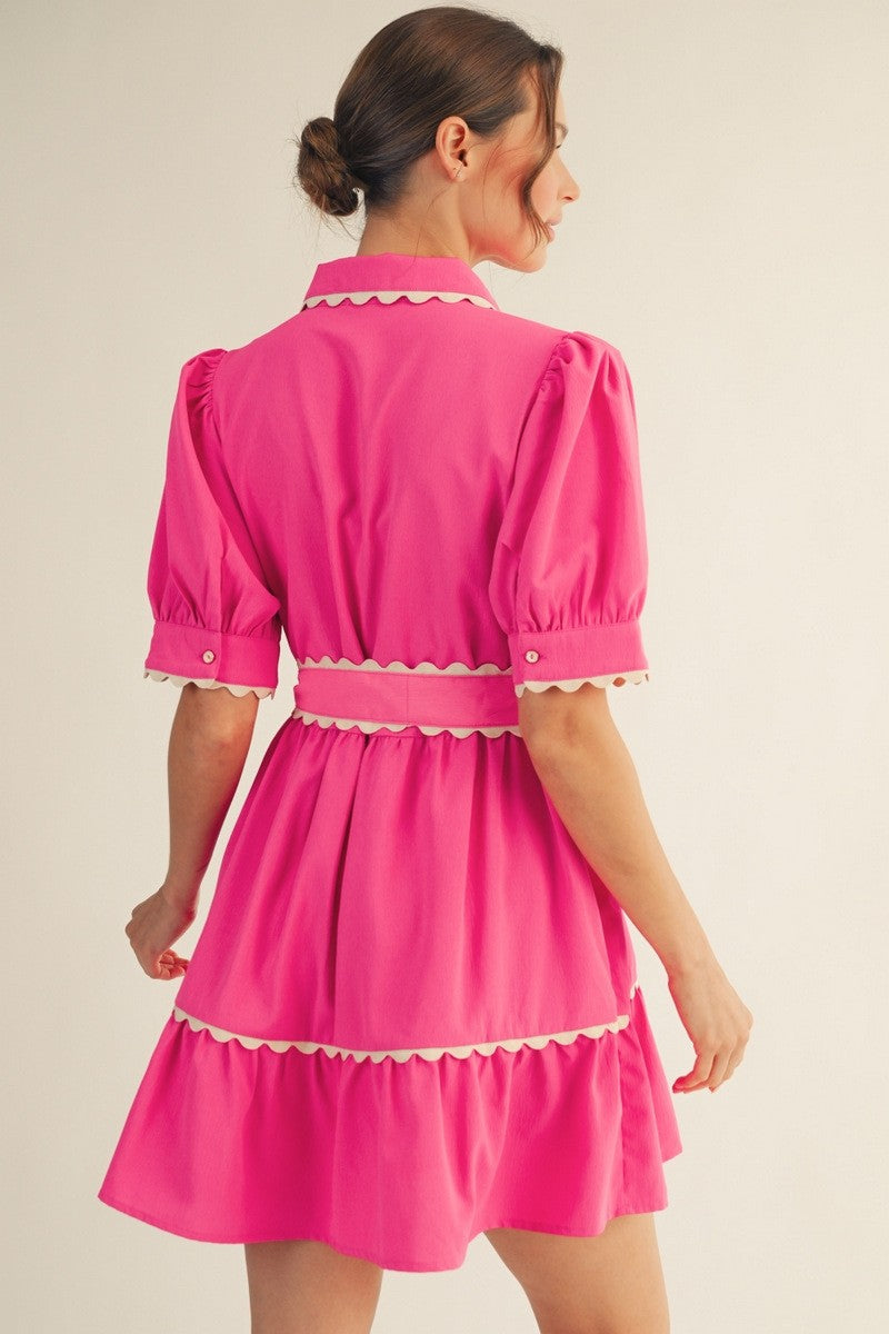 Hot Pink Puff Sleeve Button Front Dress