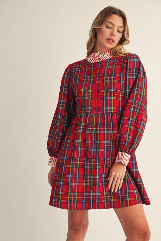 Red Plaid Stripe Contrast Dress
