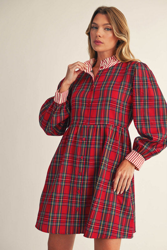 Red Plaid Stripe Contrast Dress