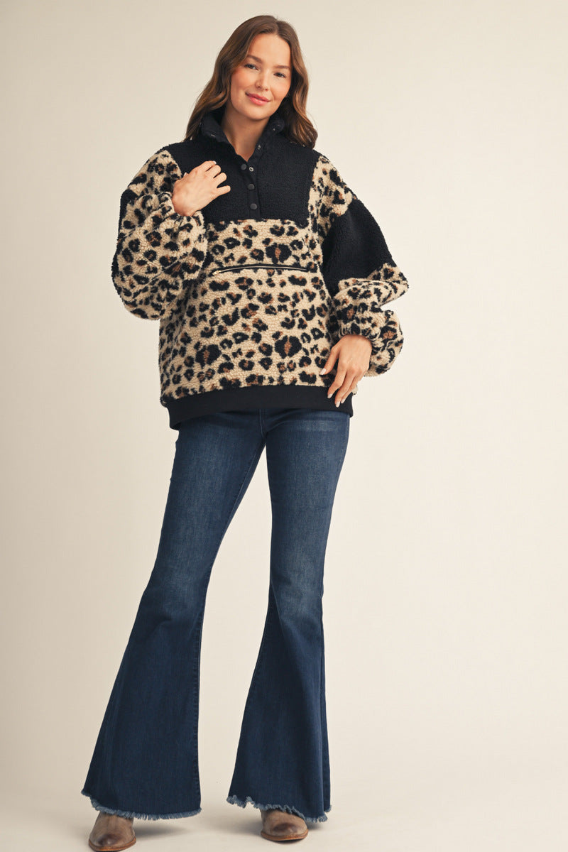 1/4 Snap Leopard Print Pullover Sherpa Jacket