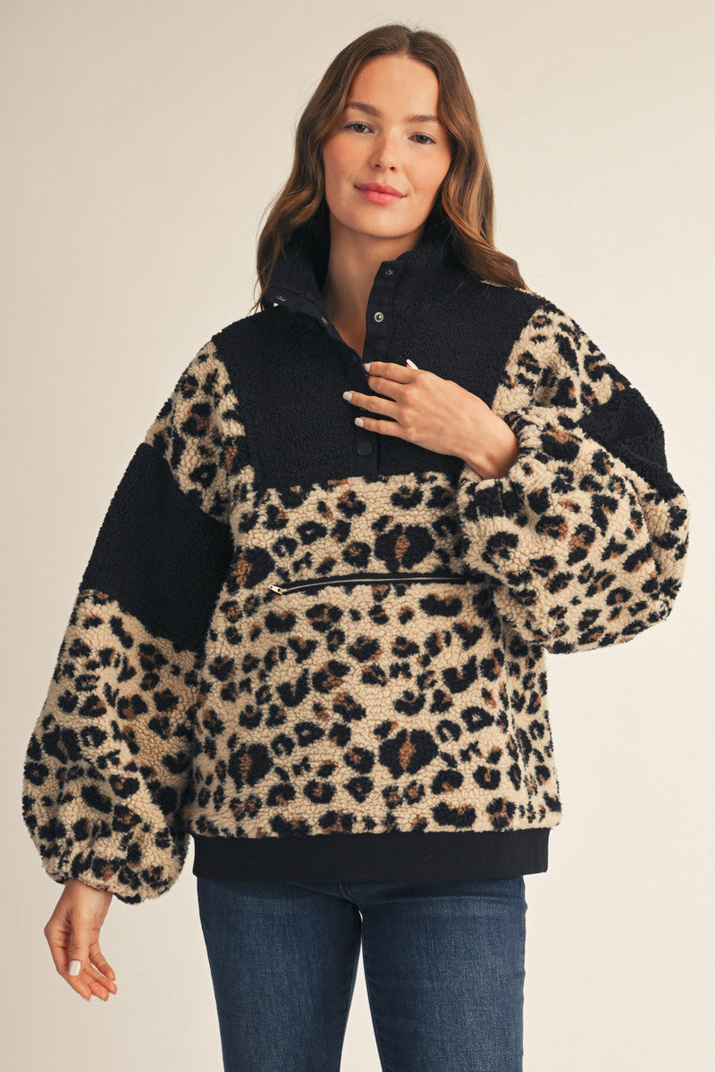 1/4 Snap Leopard Print Pullover Sherpa Jacket