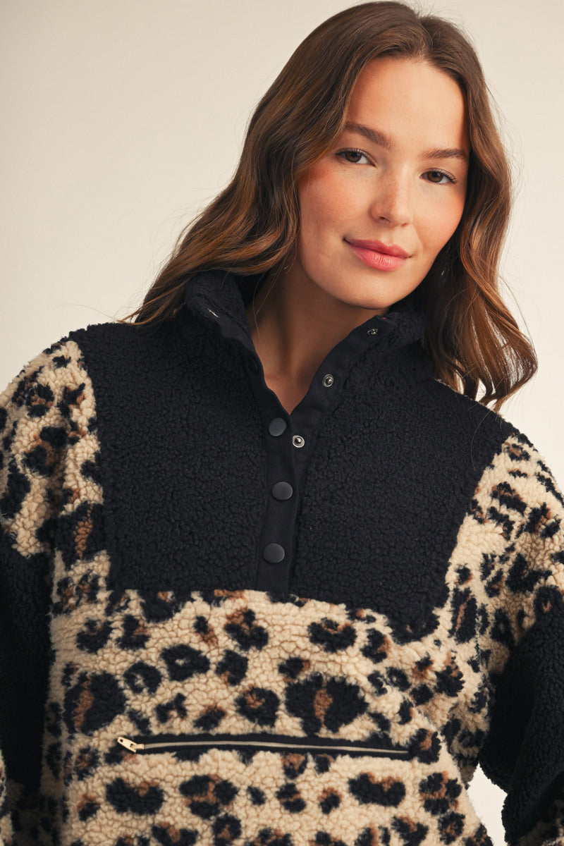 1/4 Snap Leopard Print Pullover Sherpa Jacket