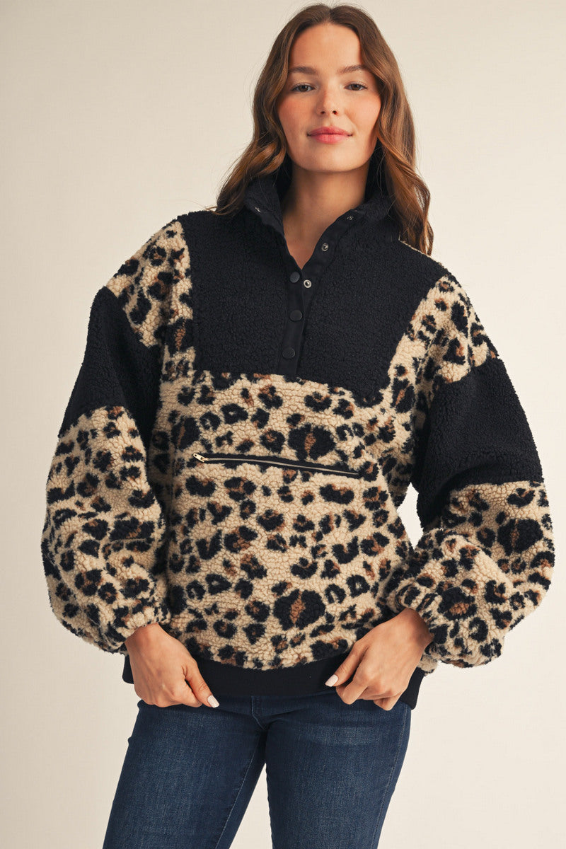 1/4 Snap Leopard Print Pullover Sherpa Jacket