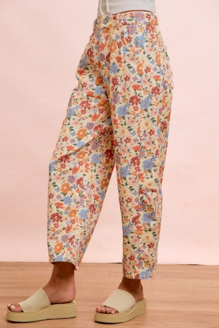 Floral Print Twill Barrel Leg Pants (1X - 3X)