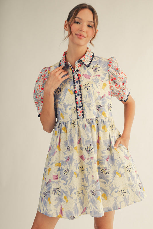 Contrast Floral Print Puff Sleeve Dress w/ Pockets