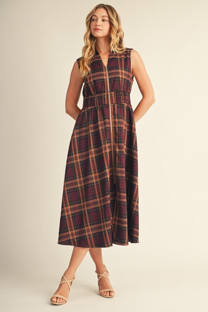 Front Zip Plaid Midi Dress