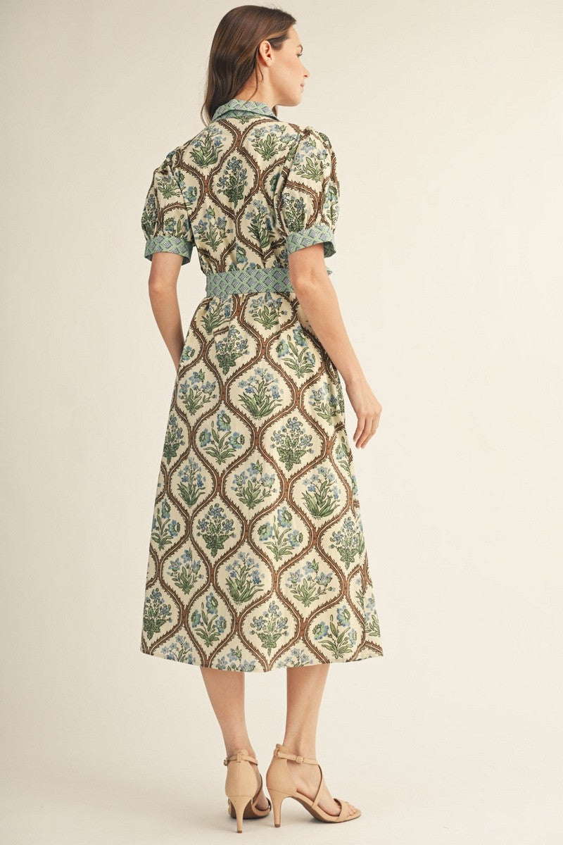 Button Front Tie Waist Floral Print Midi Dress