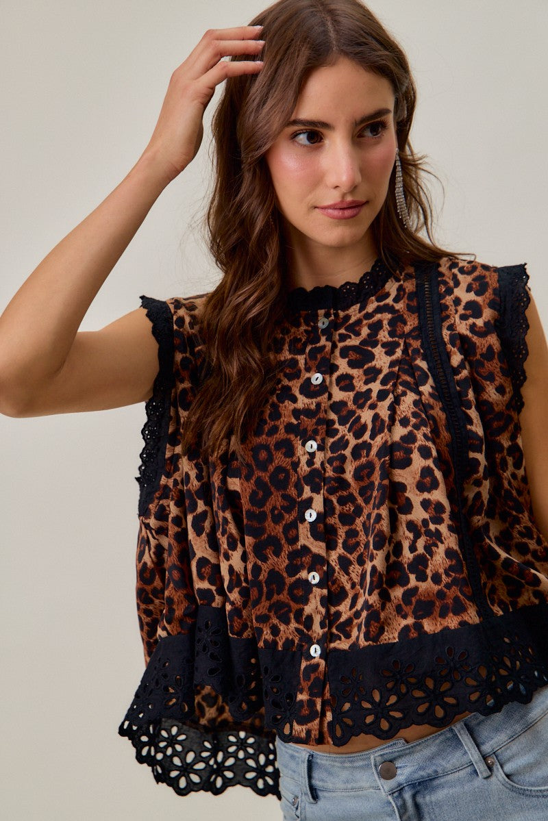 Floral Eyelet Trim Sleeveless Leopard Print Blouse