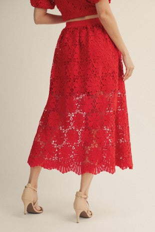 Scallop Hem Elastic Waist Midi Skirt