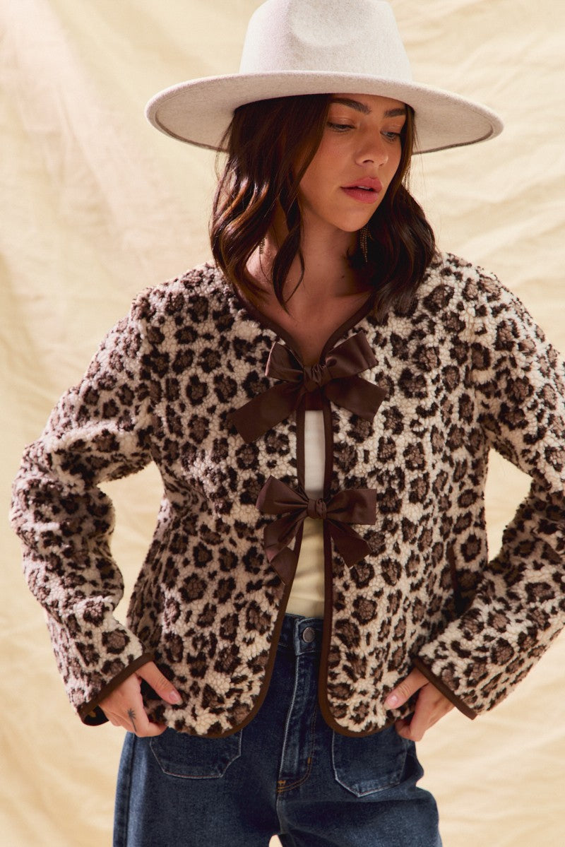 Leopard Sherpa Jacket with Bows