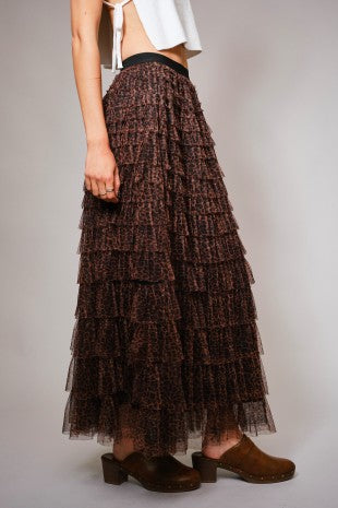 Elastic Waist Leopard Print Ruffle Tiered Midi Skirt