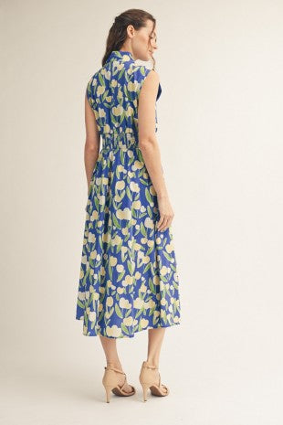 Smocked Waistline Zip Up Floral Midi Dress w/ Pockets