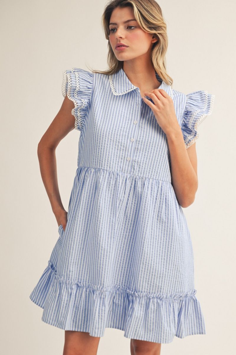 Blue & White Stripe Short Sleeve Dress