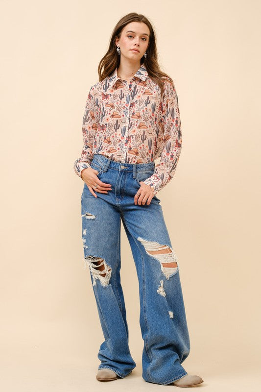 Chiffon Western Print Button Up Blouse