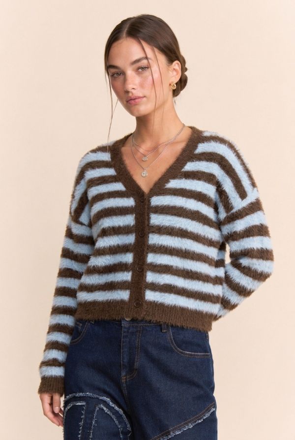Striped Fuzzy Knit Button Front Cardigan