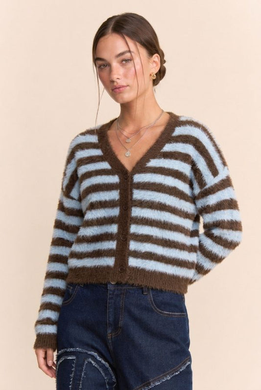 Striped Fuzzy Knit Button Front Cardigan