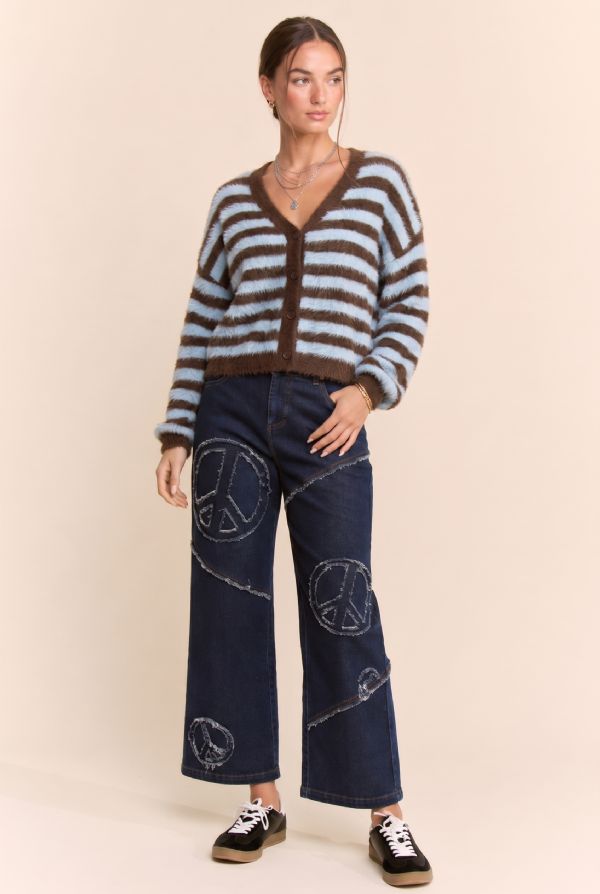 Striped Fuzzy Knit Button Front Cardigan