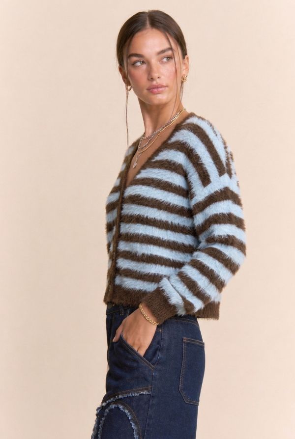 Striped Fuzzy Knit Button Front Cardigan