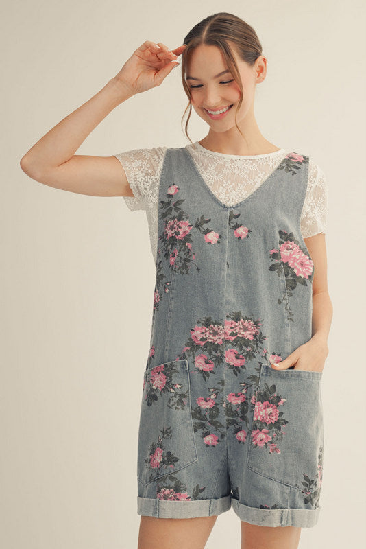 Denim Floral Print Romper