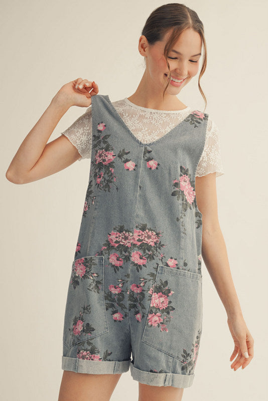 Denim Floral Print Romper