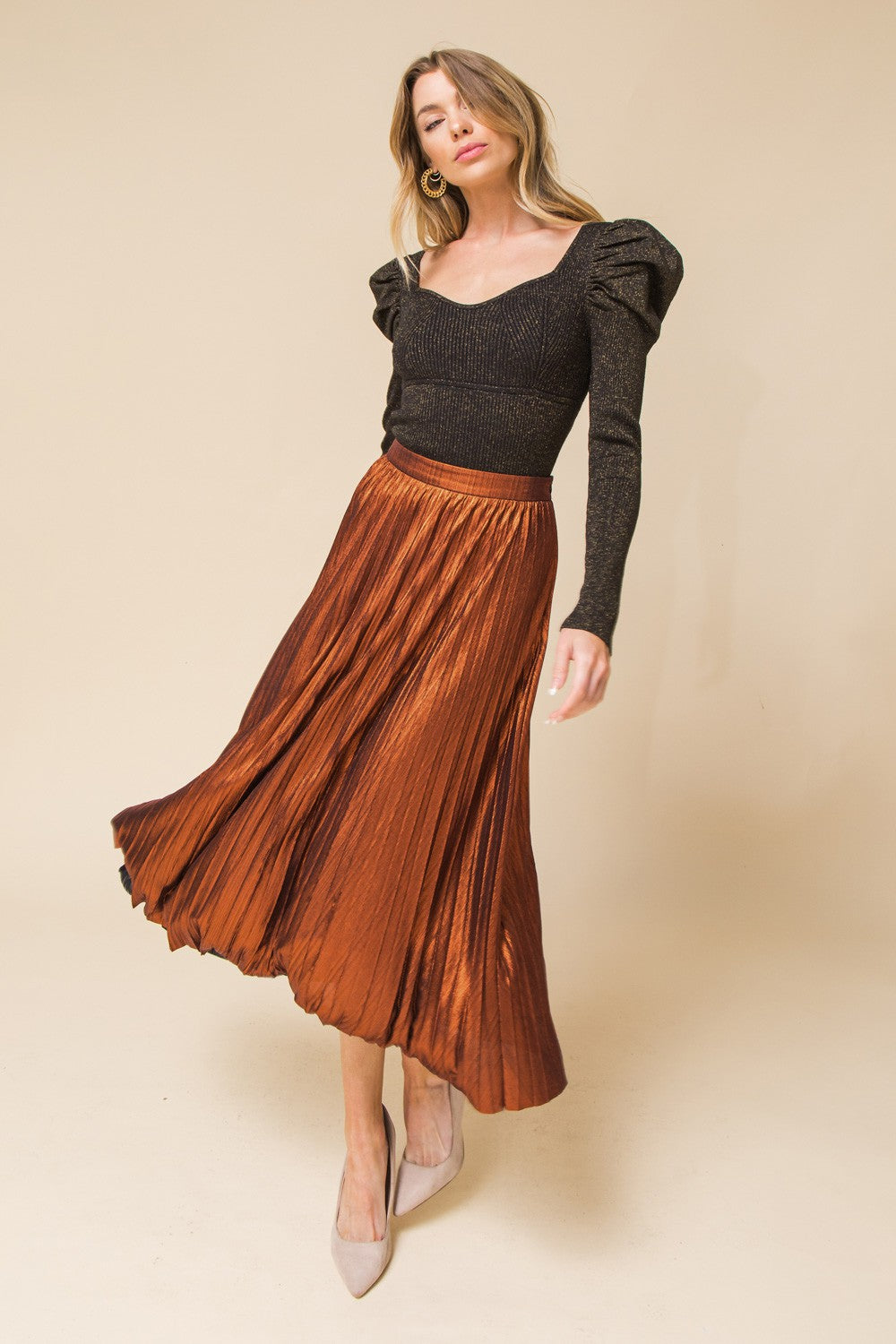 Elastic Waist Pleated Skirt (Rust)