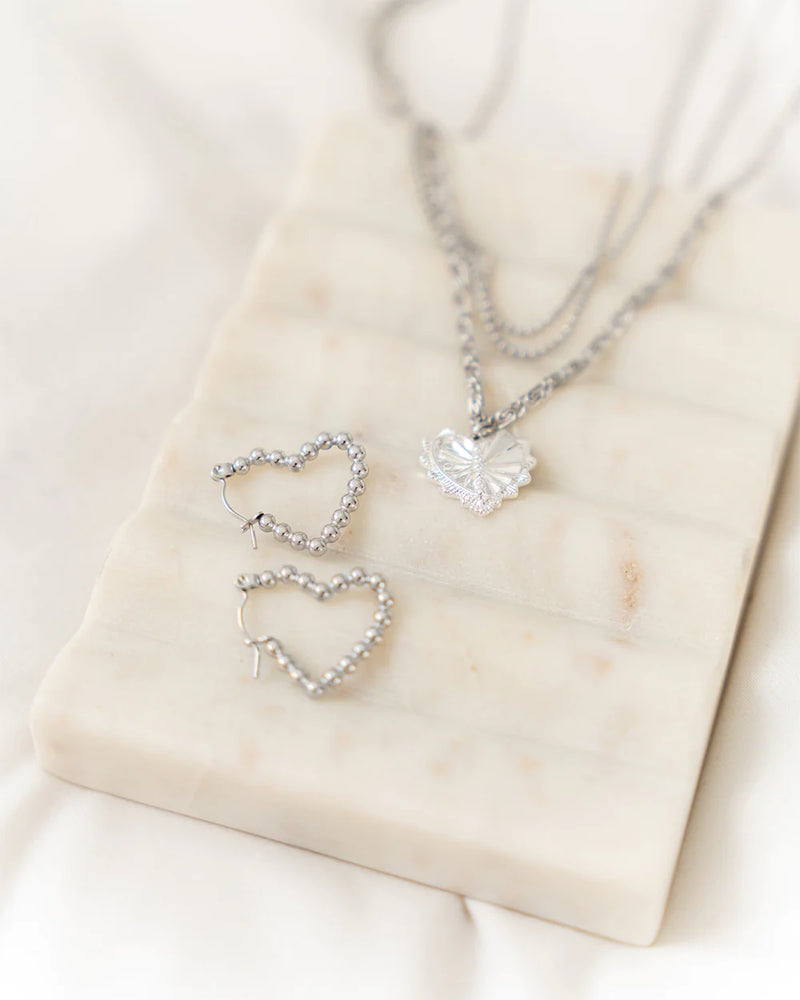 BELLE | SILVER BEADED HEART HOOP EARRINGS