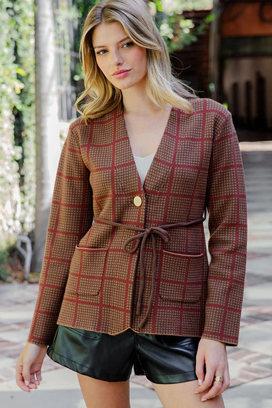 Plaid Belted Knit Cardigan