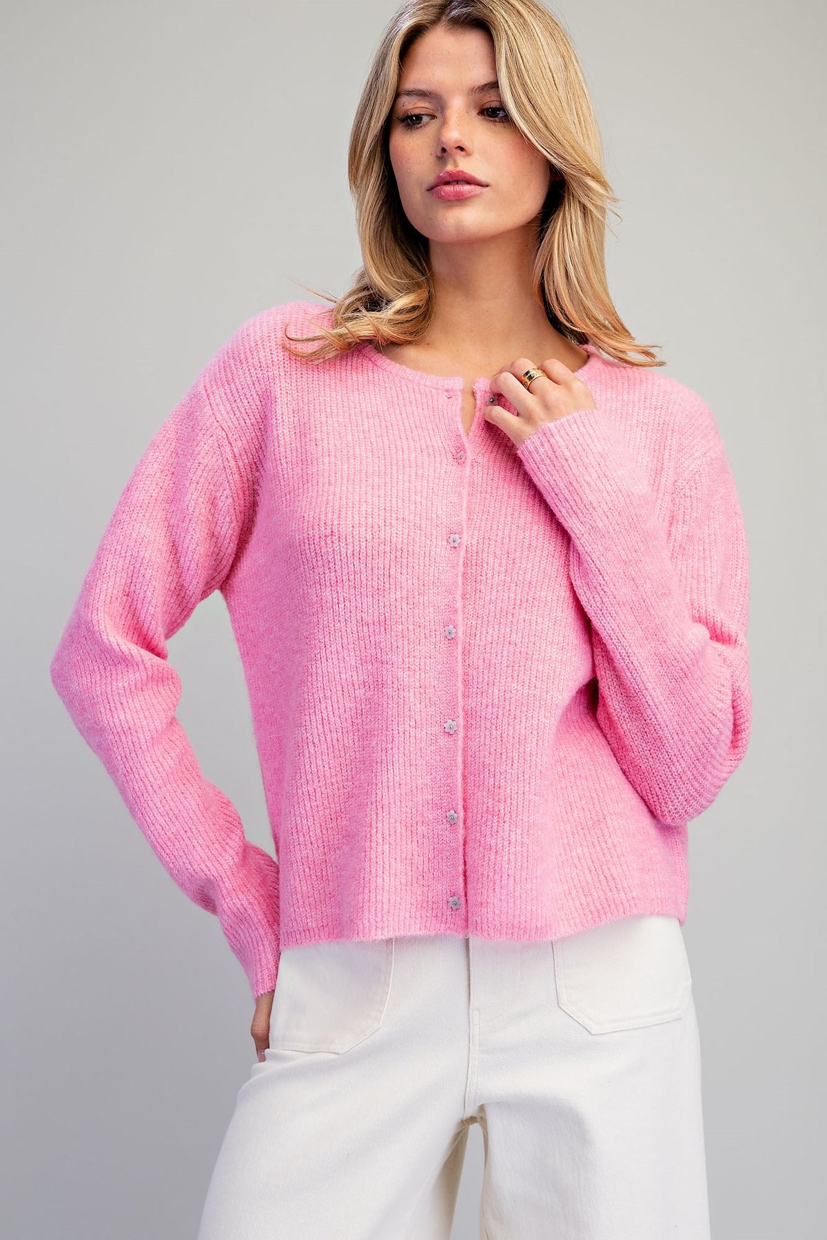Flower Button Candy Pink Cardigan