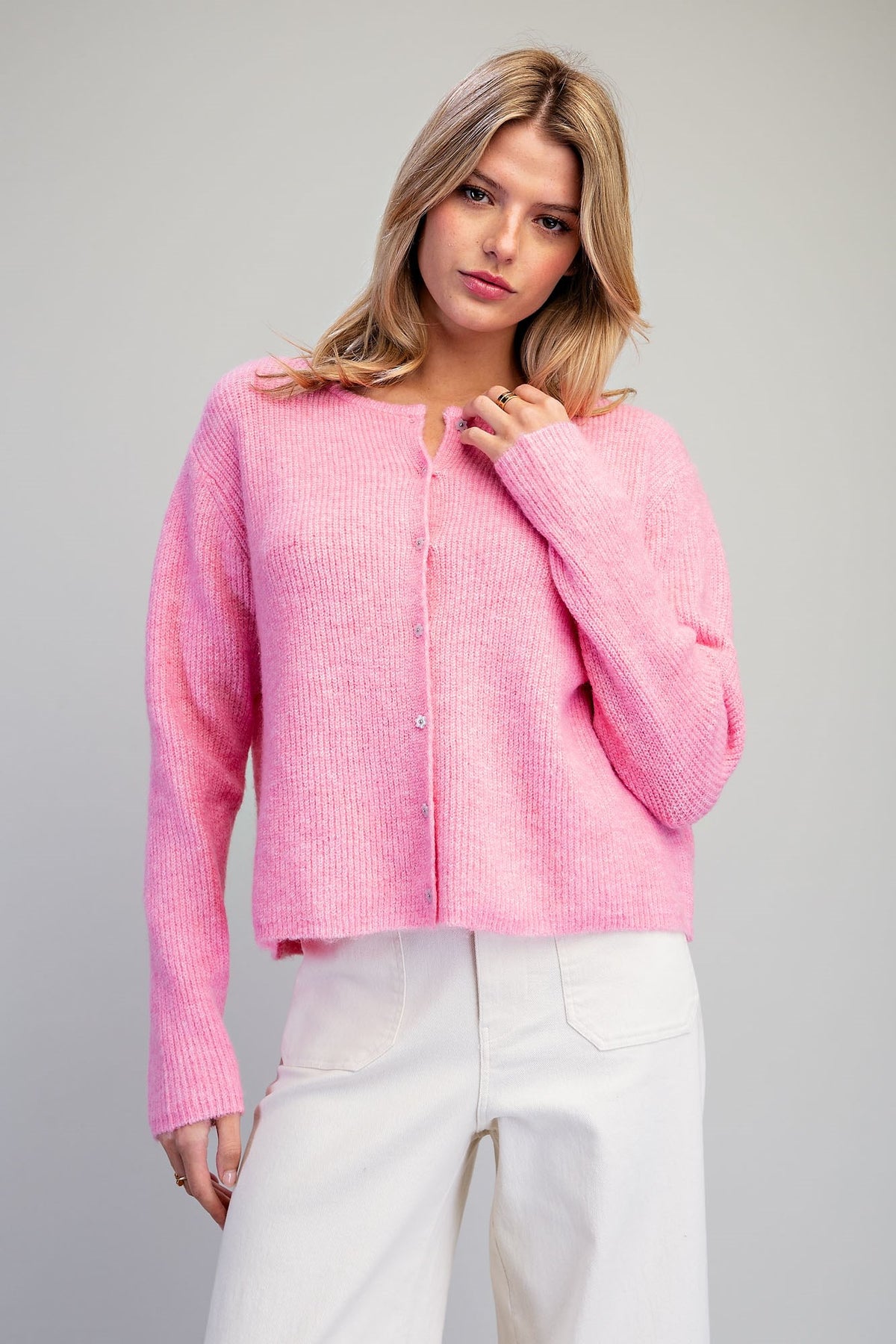 Flower Button Candy Pink Cardigan