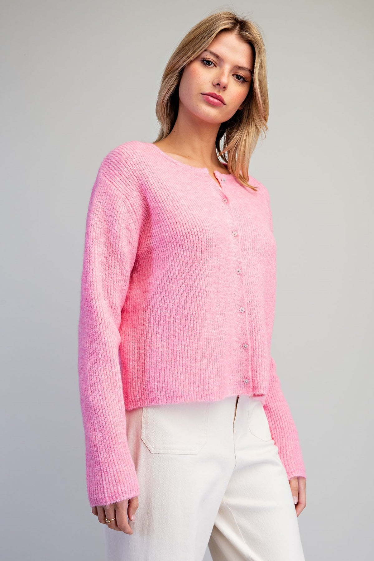 Flower Button Candy Pink Cardigan