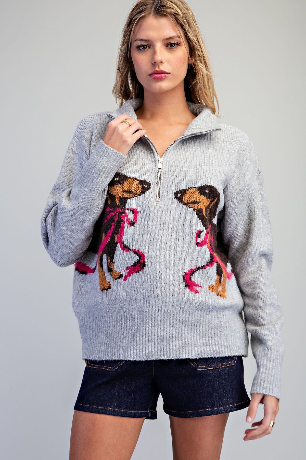 Dachshund Graphic Half Zip Pullover Sweater