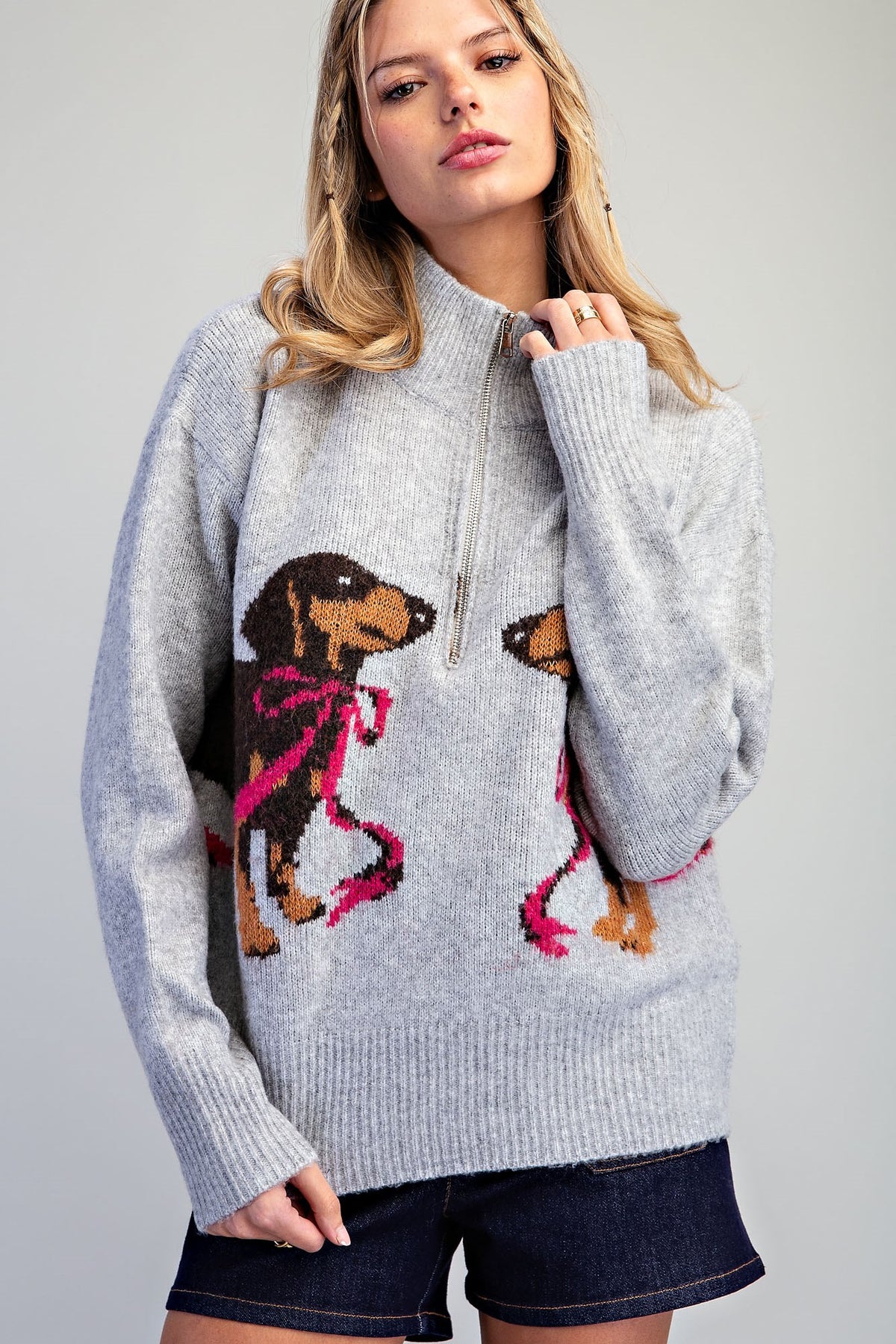 Dachshund Graphic Half Zip Pullover Sweater
