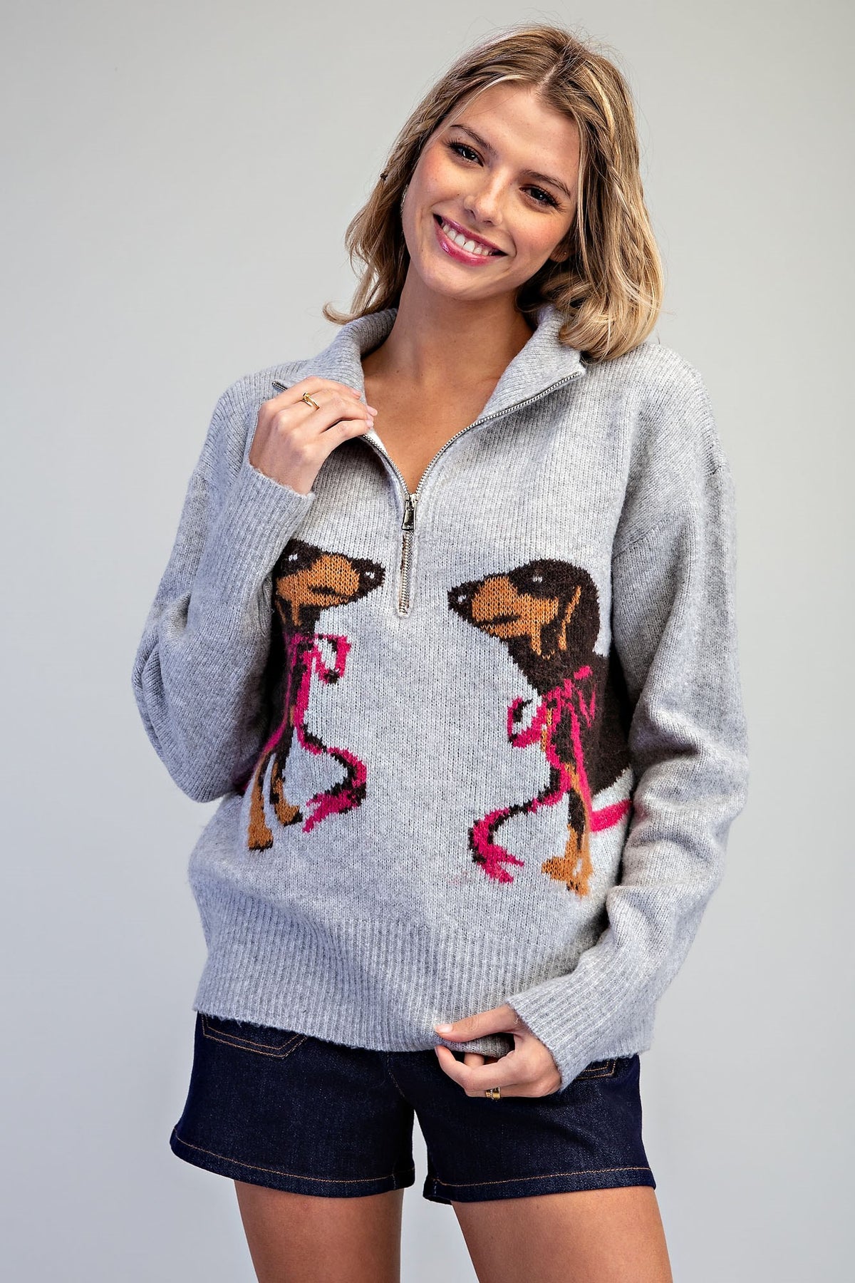 Dachshund Graphic Half Zip Pullover Sweater