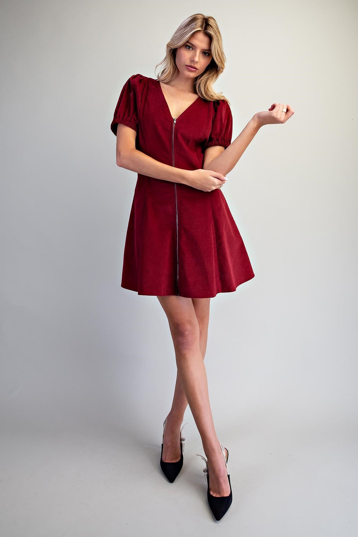 Corduroy V-Neck Zip Front Dress