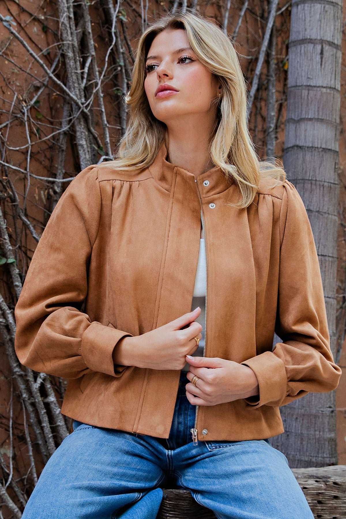 Faux Suede Mock Neck Zipper Front Jacket
