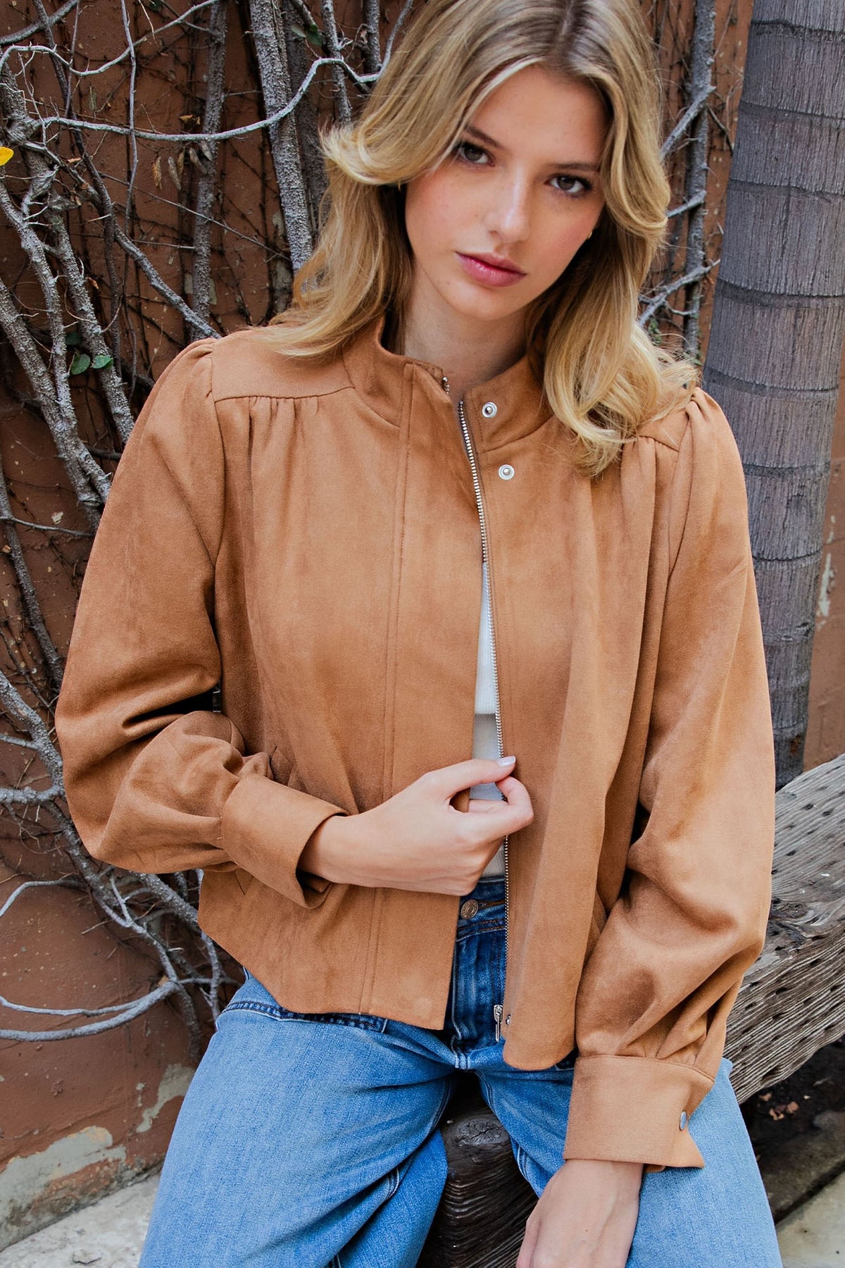 Faux Suede Mock Neck Zipper Front Jacket