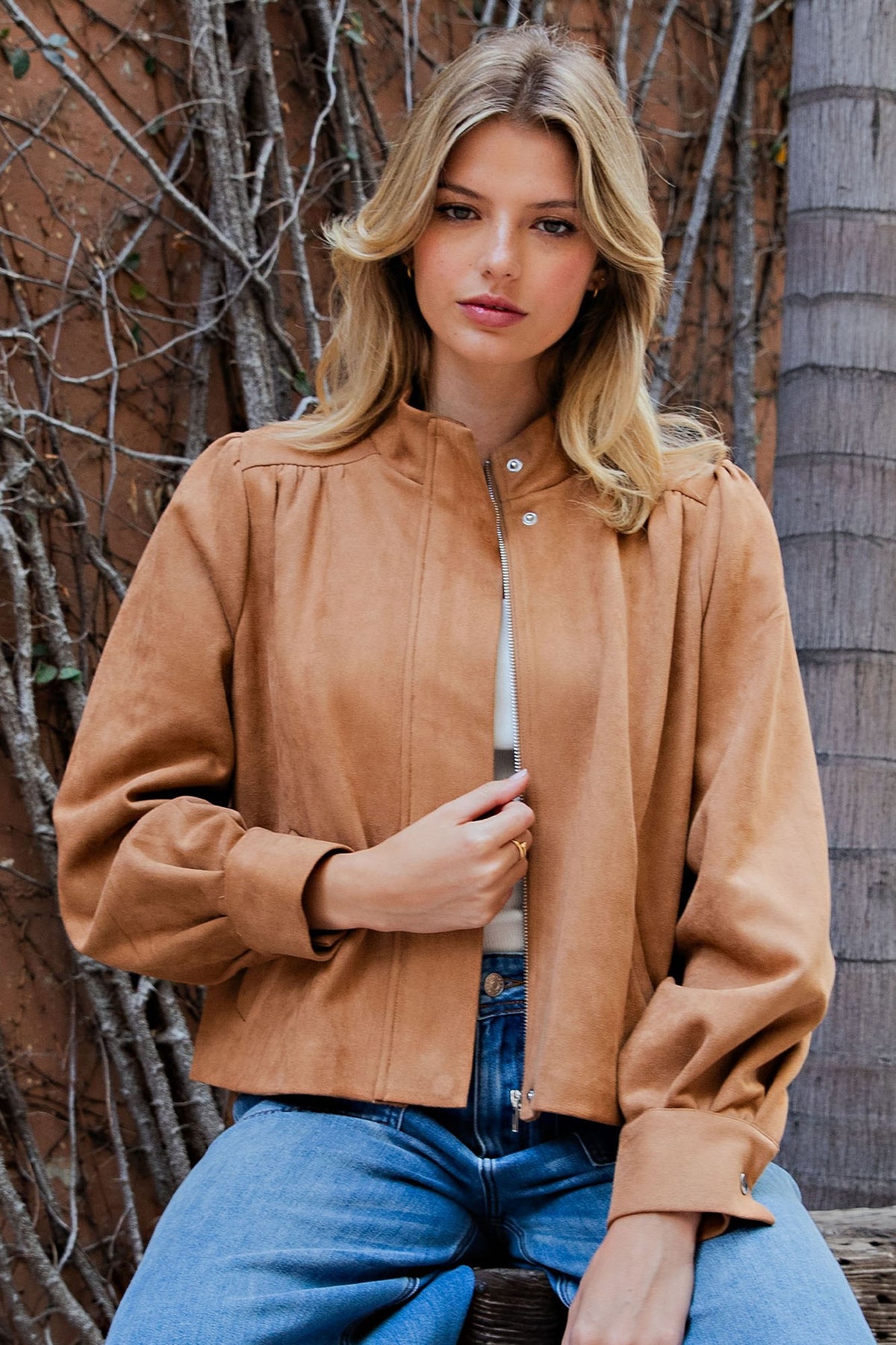 Faux Suede Mock Neck Zipper Front Jacket