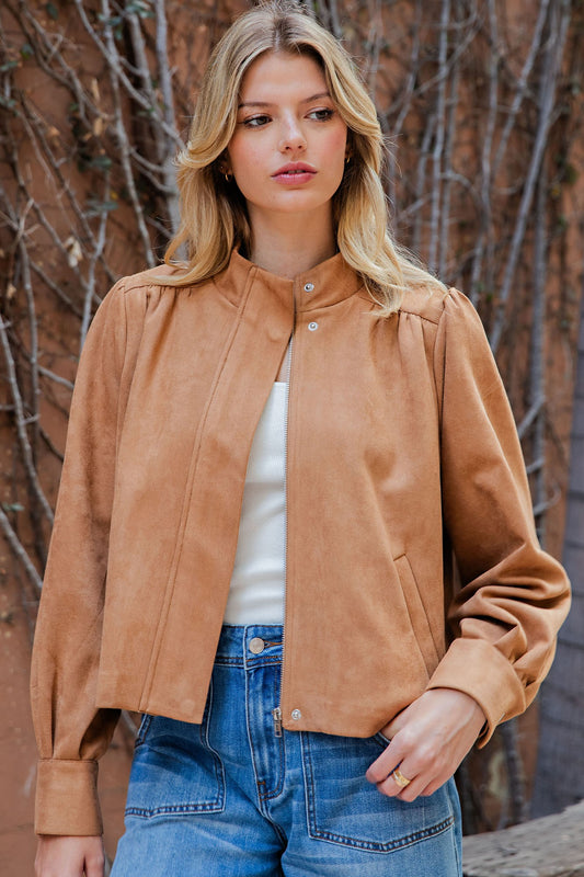 Faux Suede Mock Neck Zipper Front Jacket