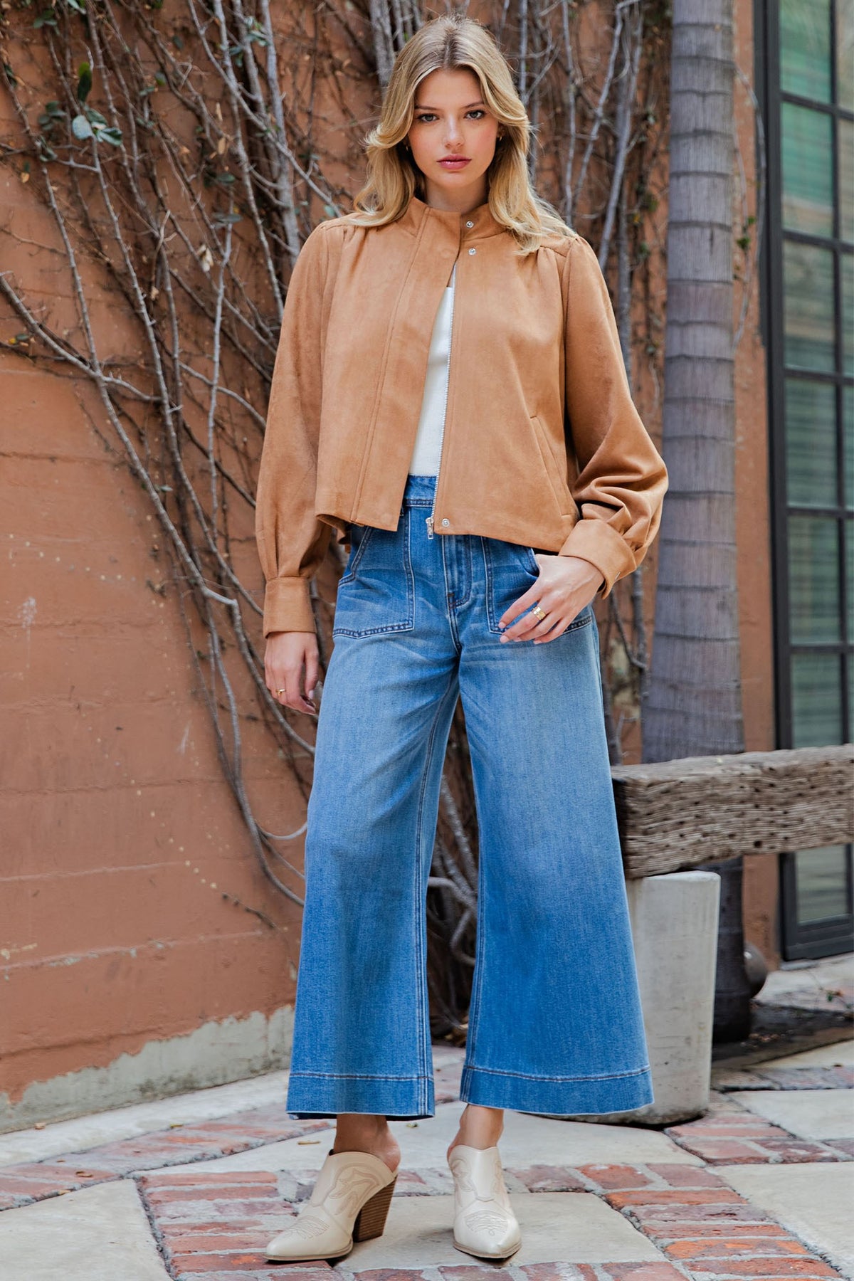 Faux Suede Mock Neck Zipper Front Jacket