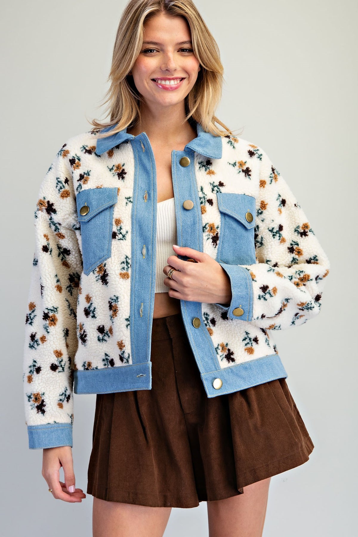 Floral Sherpa Denim Trim Jacket