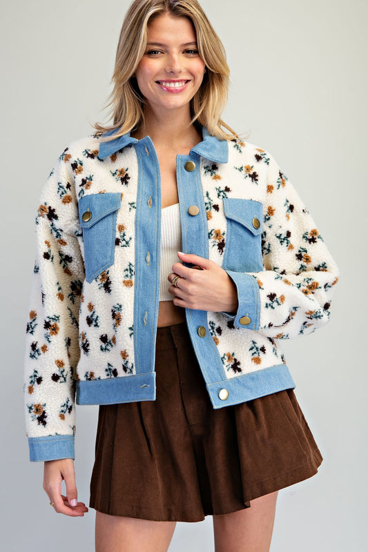 Floral Sherpa Denim Trim Jacket