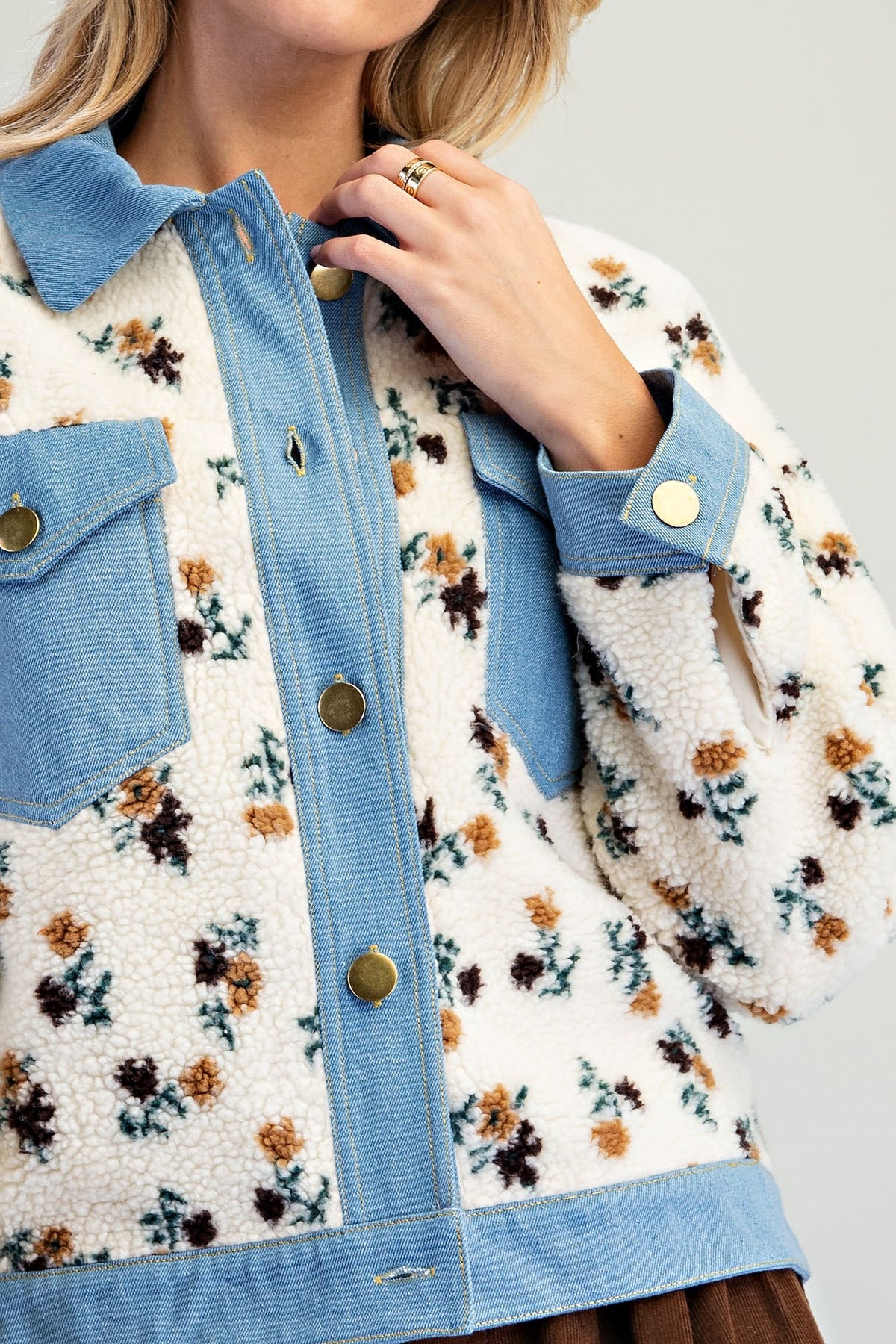 Floral Sherpa Denim Trim Jacket