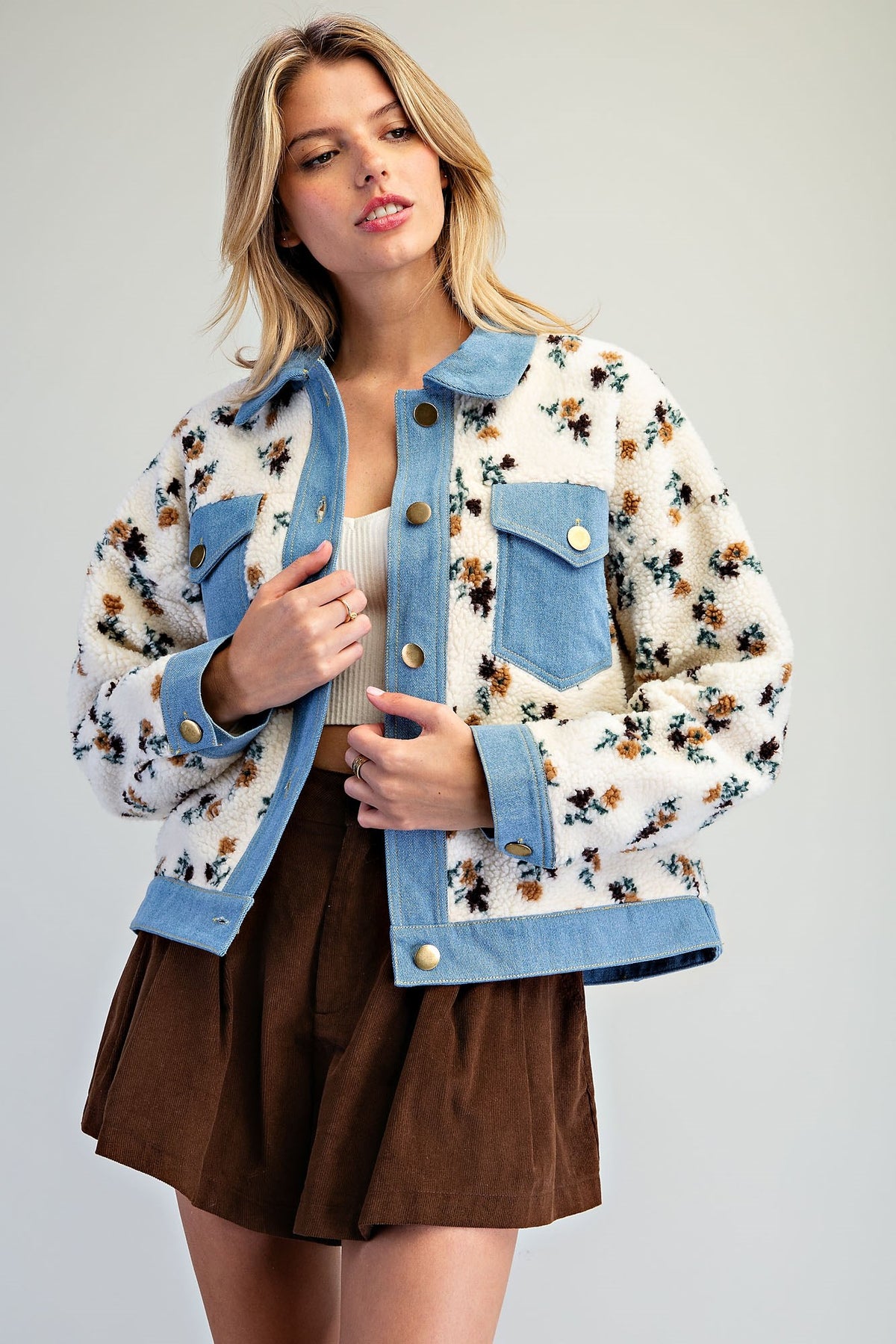 Floral Sherpa Denim Trim Jacket