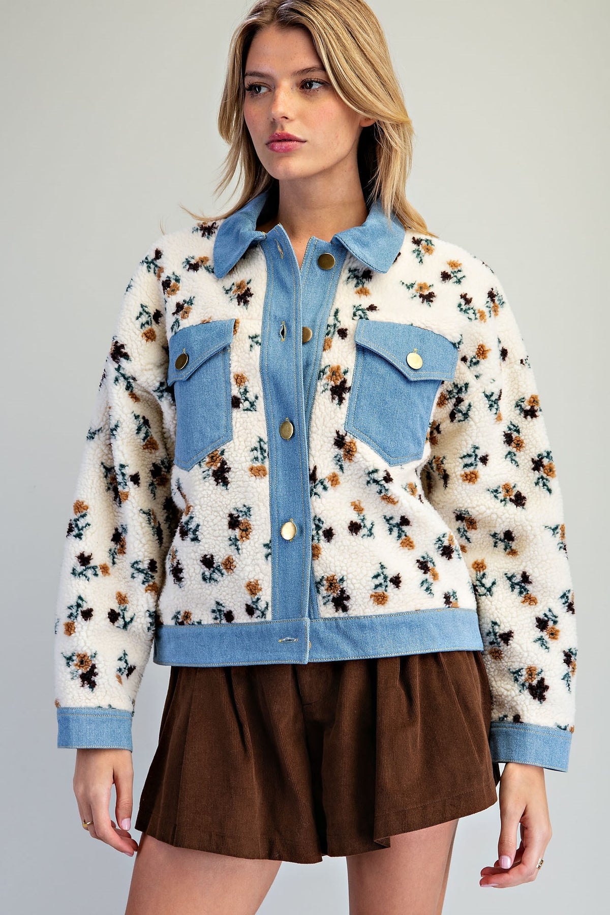 Floral Sherpa Denim Trim Jacket