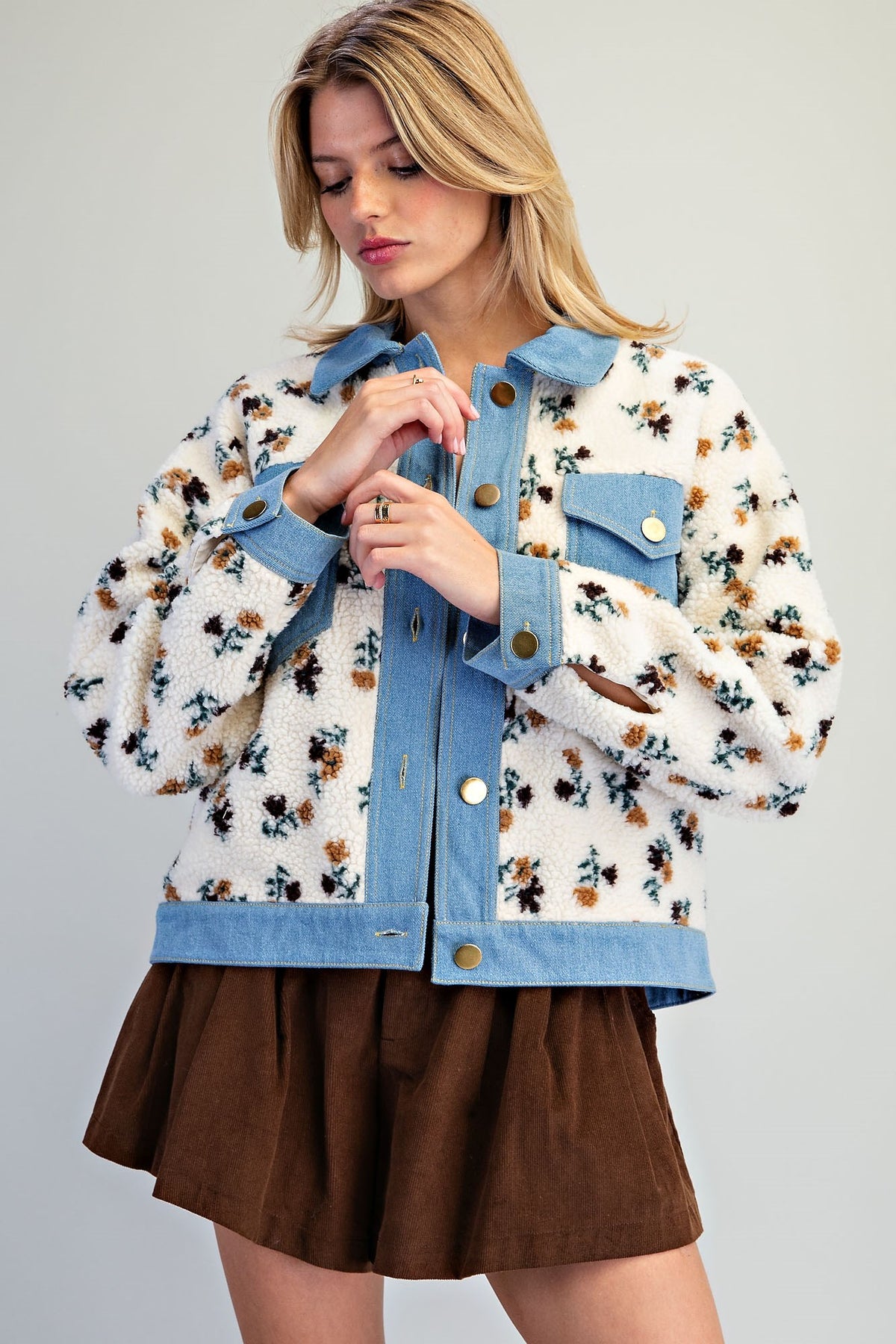 Floral Sherpa Denim Trim Jacket