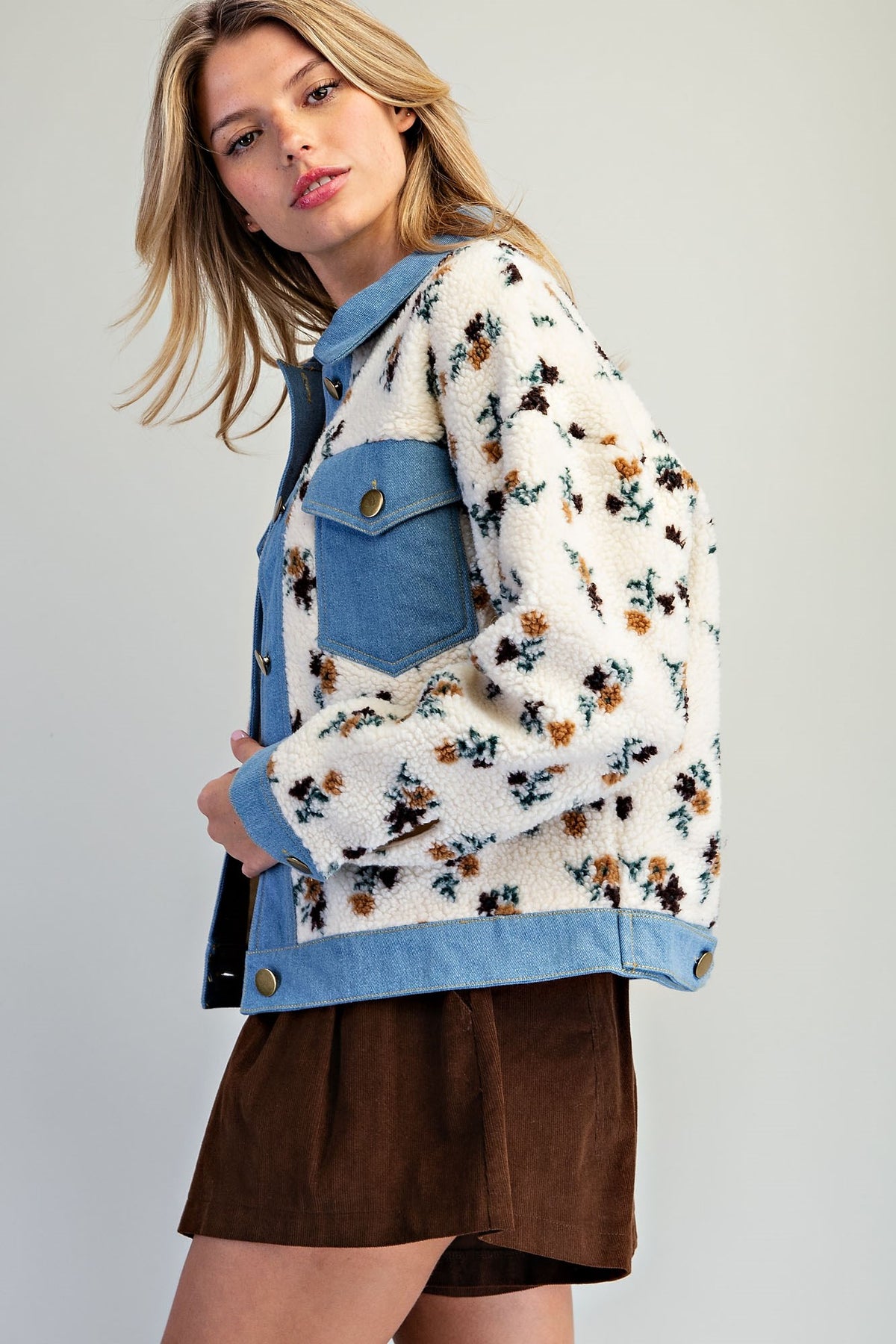 Floral Sherpa Denim Trim Jacket