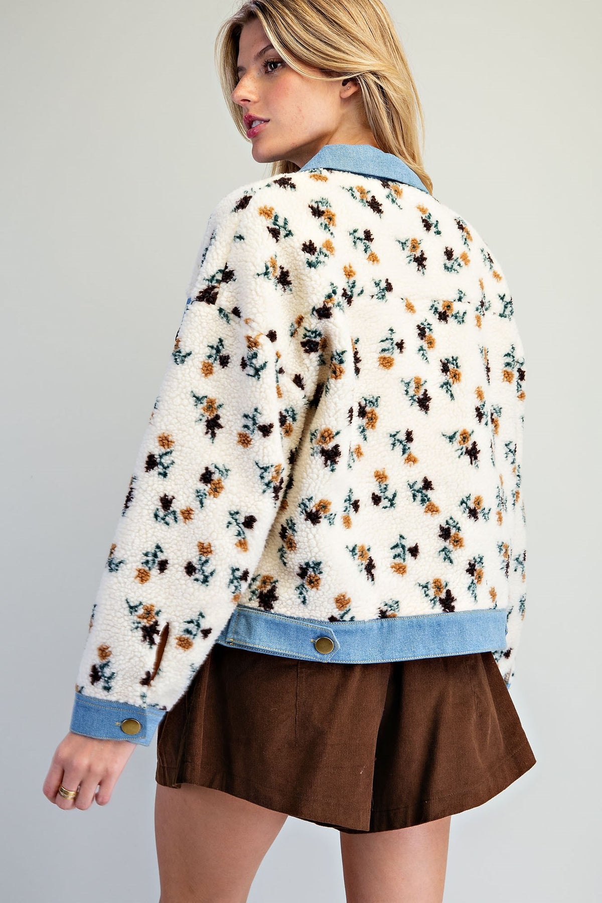 Floral Sherpa Denim Trim Jacket