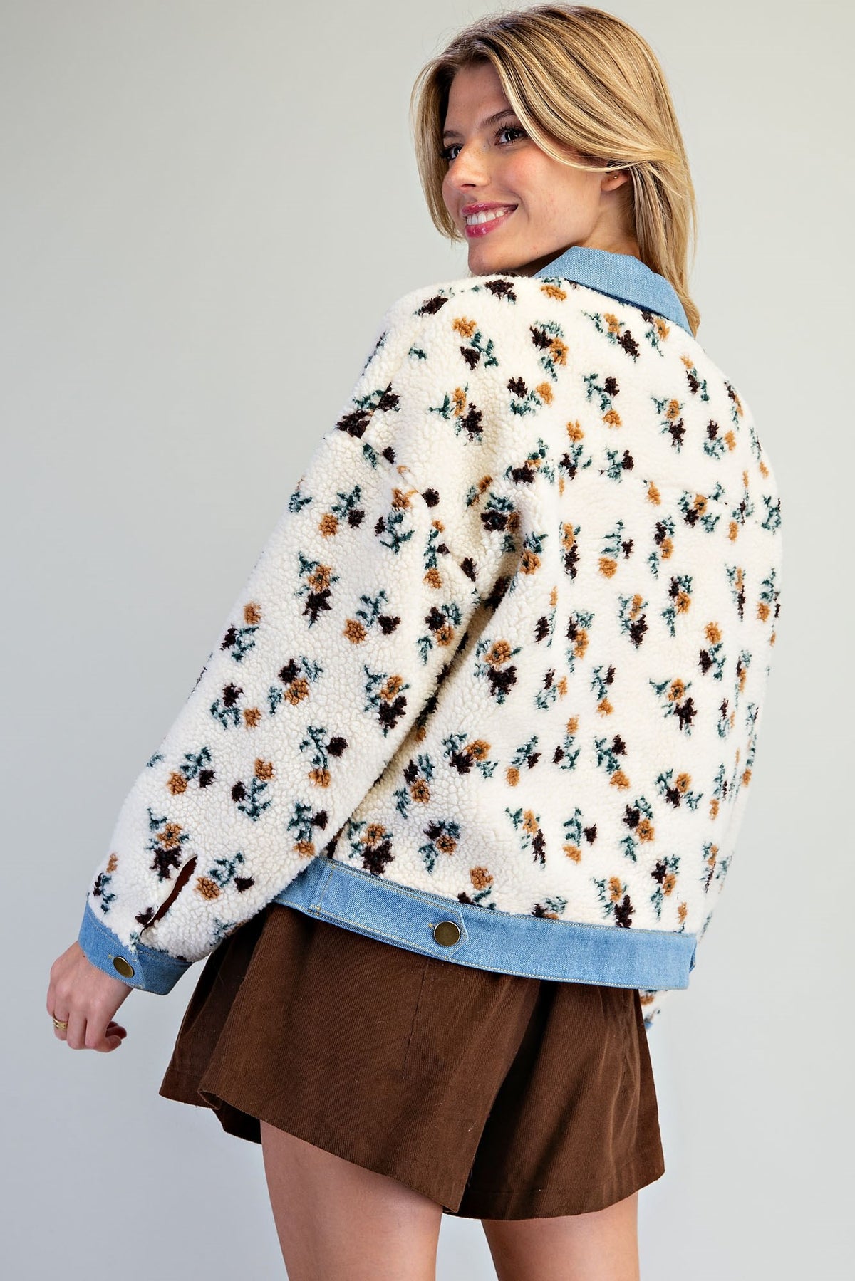 Floral Sherpa Denim Trim Jacket