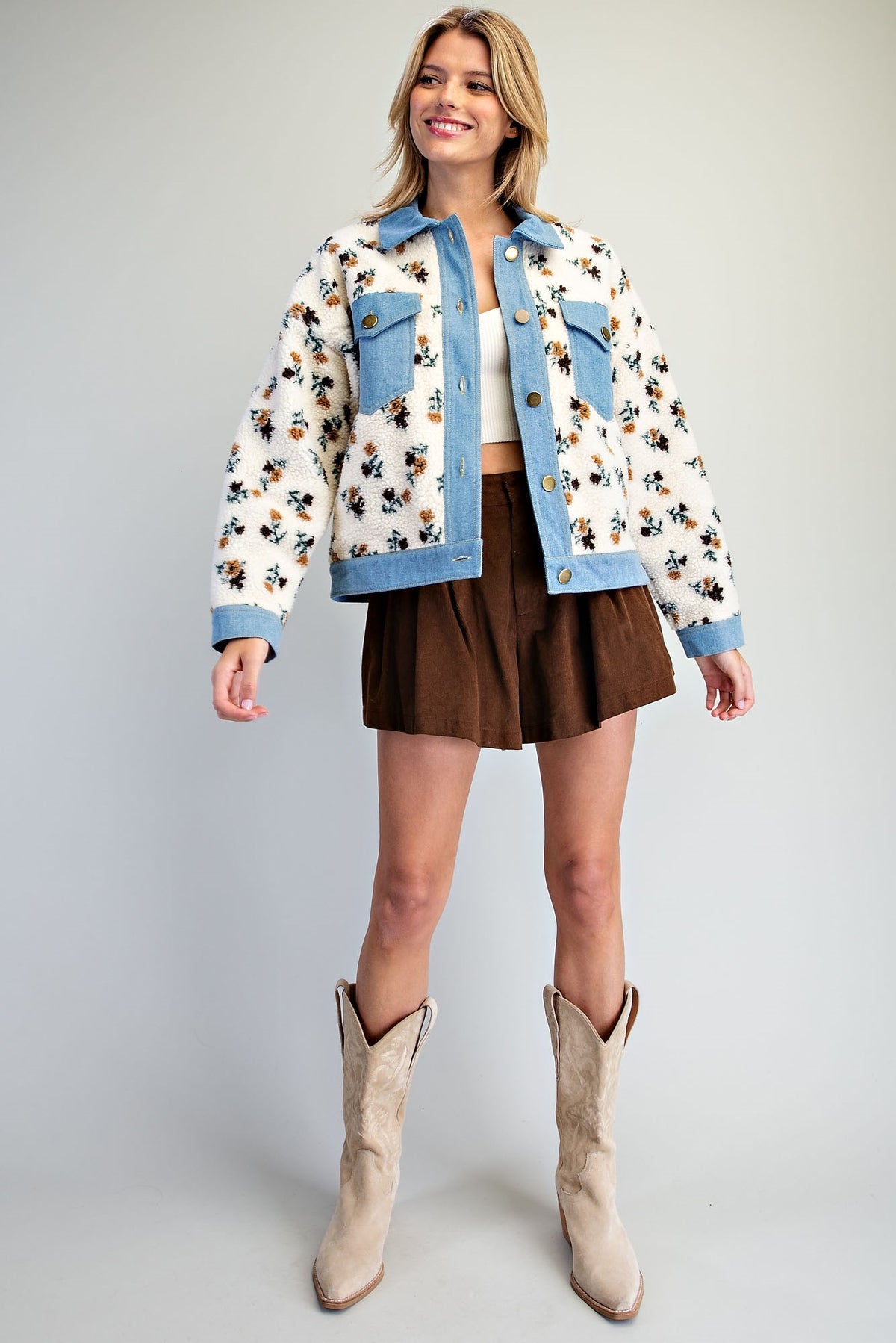 Floral Sherpa Denim Trim Jacket