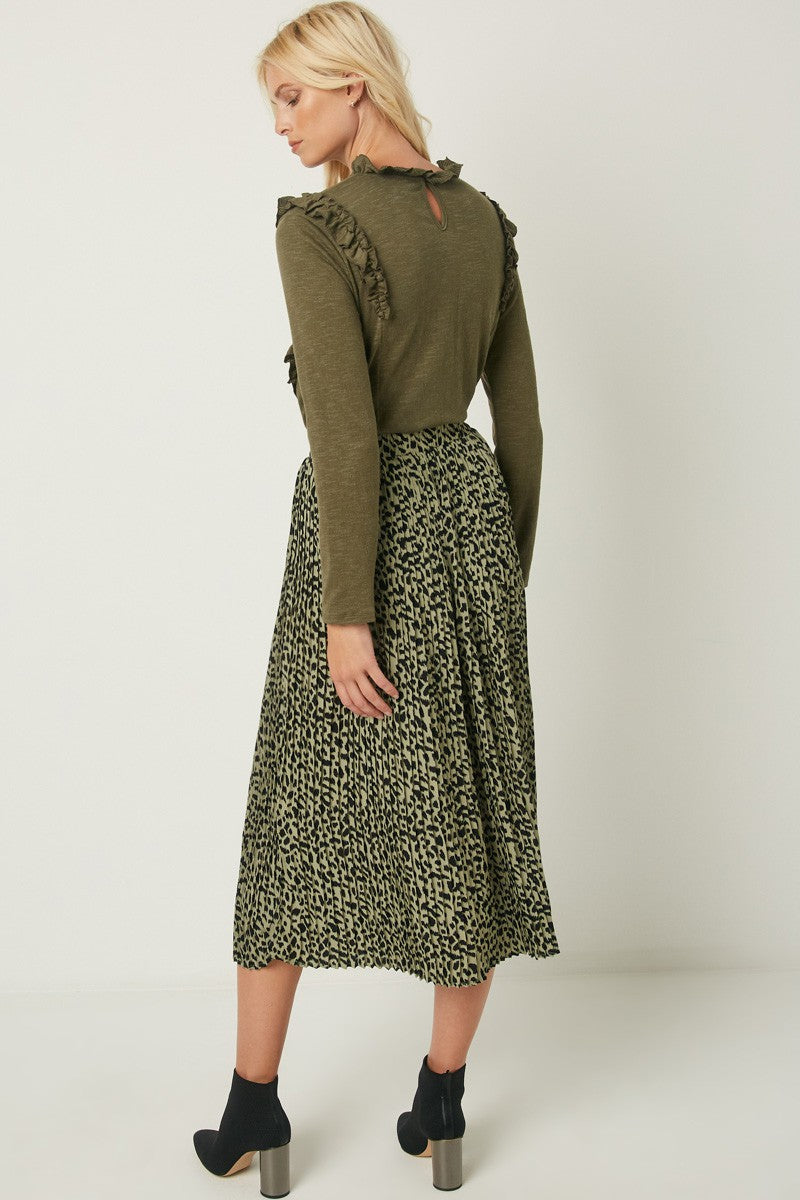 Leopard Print Pleated Midi Skirt